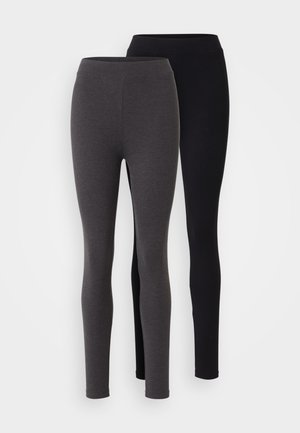 Twee paren leggings: één zwart en één donkergrijs. Beide hebben een gladde textuur, een aansluitend ontwerp en een elastische tailleband.