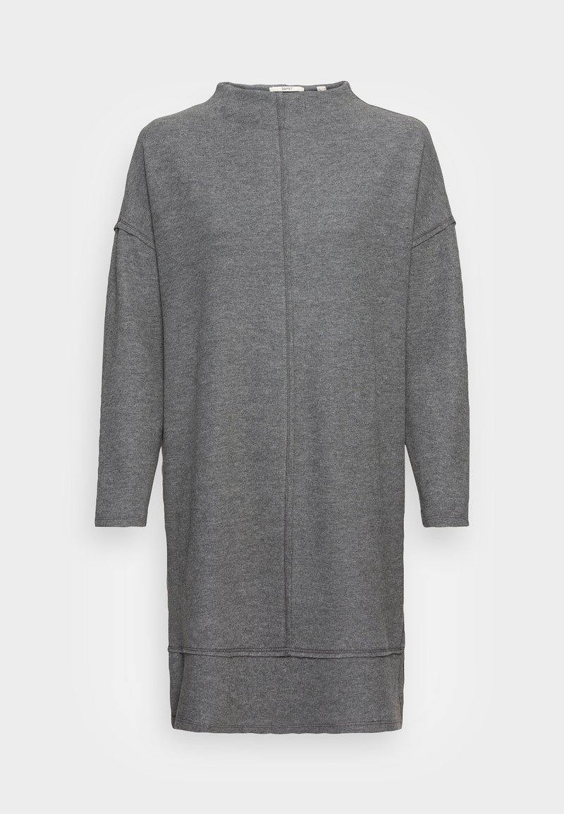 Robe-pull en maille grise à manches longues, coupe ample, épaules tombantes et ourlet double couche.