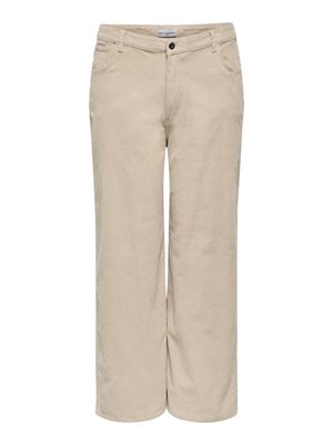Beige corduroy wide-leg trousers with a front button closure, belt loops, and five pockets. Textured fabric with visible ribbing.