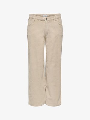 Beige corduroy wide-leg trousers with a front button closure, belt loops, and five pockets. Textured fabric with visible ribbing.