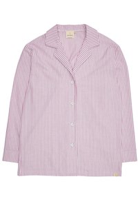 Maglietta da pigiama a righe in rosa chiaro e bianco, con colletto a punta, maniche lunghe e chiusura con bottoni. Realizzata in tessuto morbido.
