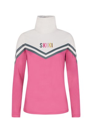 Langärmliges Oberteil mit Stehkragen in Pink, mit weißen und grauen Chevron-Streifen. Mit Markenlogo "SKKIK" in Pink und Gold. Hergestellt aus glattem Stoff.