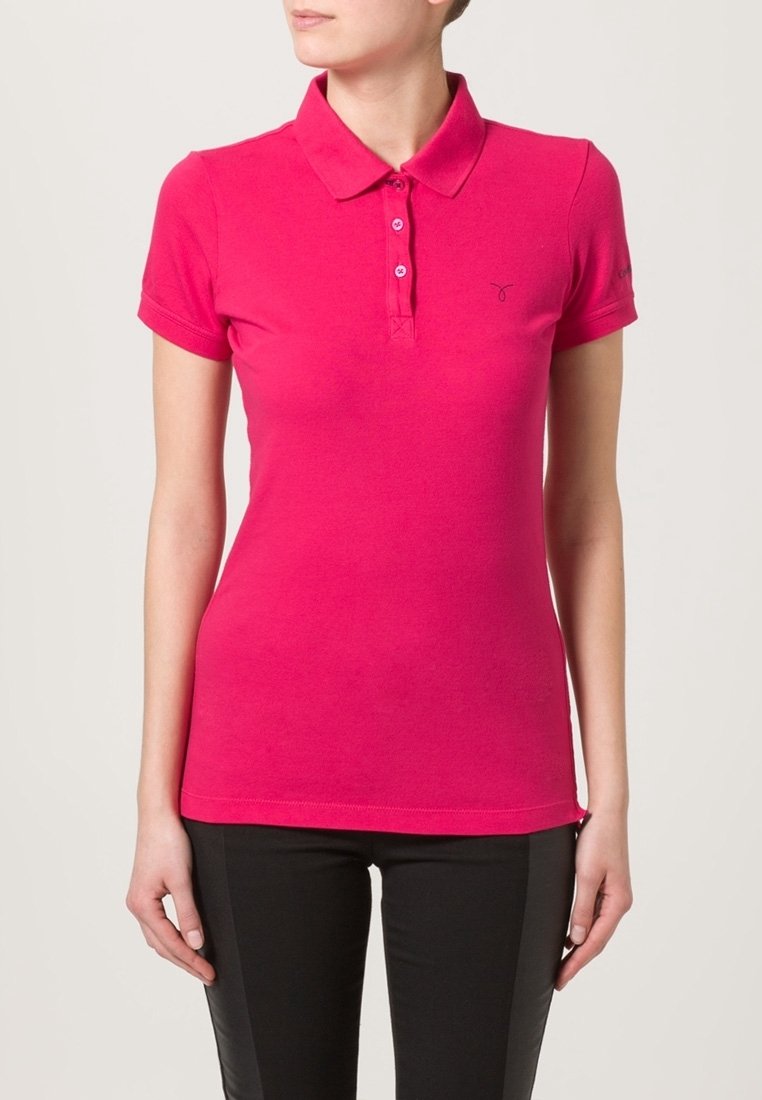 Tätt sittande rosa polo skjorta med krage, kortärmad, med tre knappar fram och en liten logotyp på vänster sida. Slät bomullsmaterial.