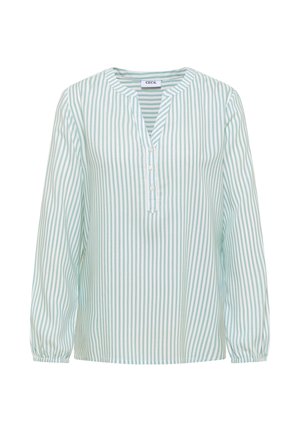 Hedvábná blůza s dlouhými rukávy v pruhovaném vzoru v svislých světle modrých a bílých barvách, s véčkovým výstřihem a třemi knoflíky, a elastickými manžetami.