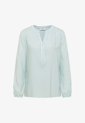 Hedvábná blůza s dlouhými rukávy v pruhovaném vzoru v svislých světle modrých a bílých barvách, s véčkovým výstřihem a třemi knoflíky, a elastickými manžetami.