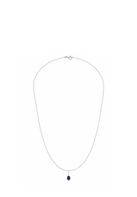 Srebrny łańcuszek z okrągłą, niebieską zawieszką z kamieniem szlachetnym, gładką fakturą, prostym wzorem oraz zapięciem typu karabińczyk.