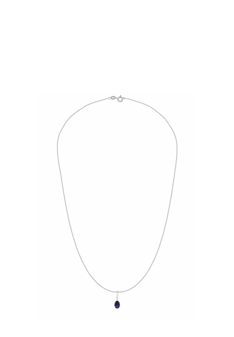 Srebrny łańcuszek z okrągłą, niebieską zawieszką z kamieniem szlachetnym, gładką fakturą, prostym wzorem oraz zapięciem typu karabińczyk.