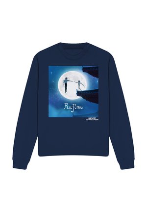 Marineblauer Sweatshirt mit einem Kunstwerk von zwei Figuren, die sich unter einem Vollmond über Dächer hinwegreichen, mit dem Schriftzug "Rujinu" und "KPOP Demon Hunters".
