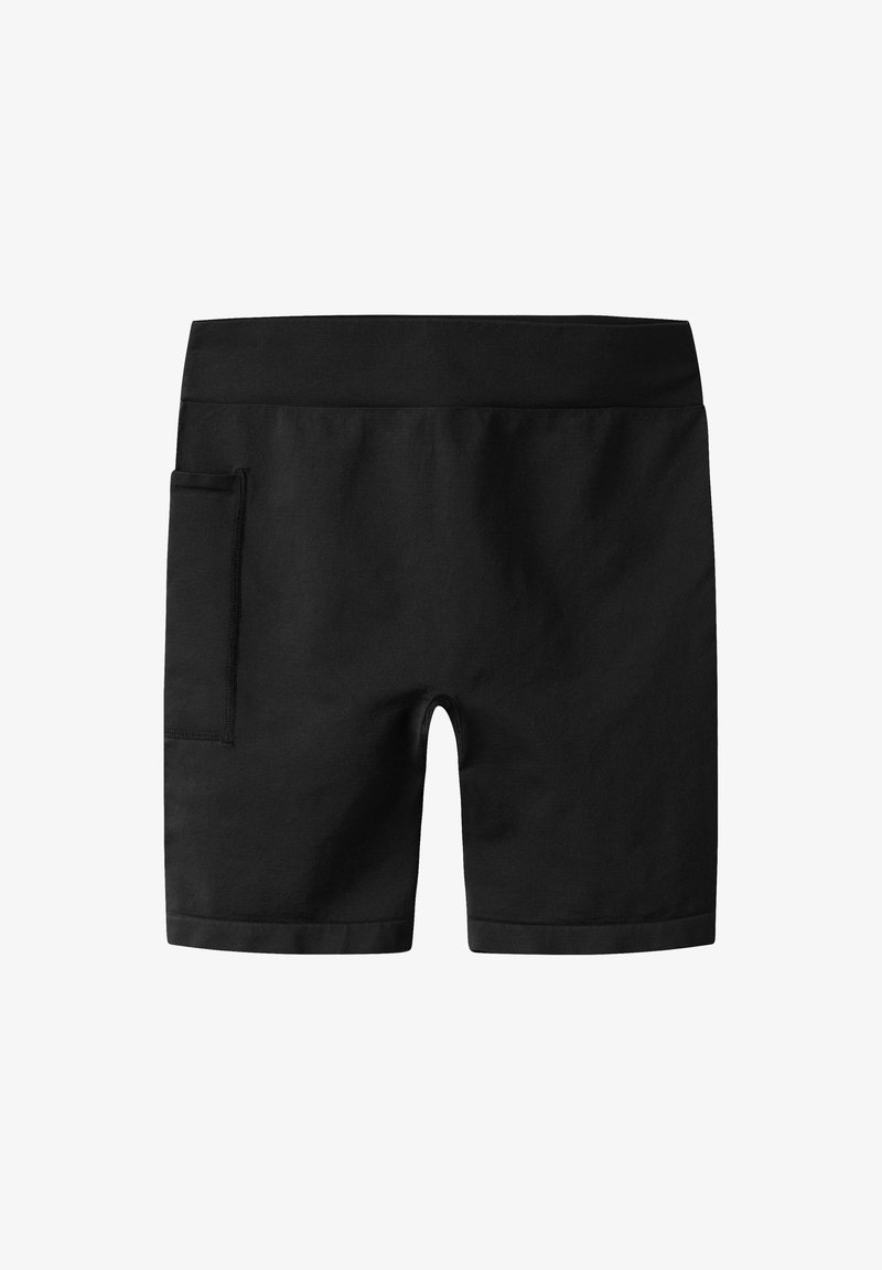 Shorts de sport noirs mi-longs avec une large taille élastique et une grande poche rectangulaire sur le côté gauche.