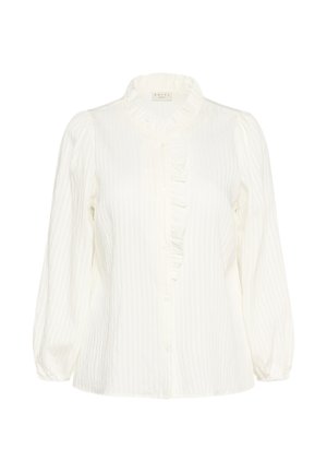 White blouse with a ruffled front and a high collar. Textured fabric features vertical stripes. Long, puffed sleeves and button closure.