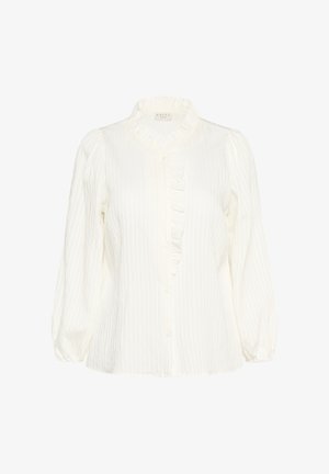 White blouse with a ruffled front and a high collar. Textured fabric features vertical stripes. Long, puffed sleeves and button closure.