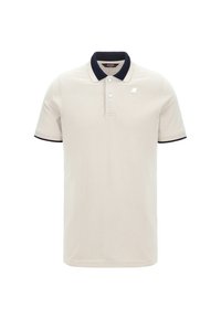 Polo beige in cotone, con colletto e rifinitura delle maniche in blu navy. Apertura con tre bottoni e un piccolo logo sul petto.