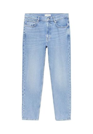 Light blue denim jeans with a straight cut, five-pocket design, reinforced stitching, and a zip-fly closure. Textured, slightly faded finish.