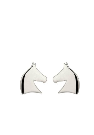 Silver-colored metal earrings shaped like two horse heads facing each other on a white background.