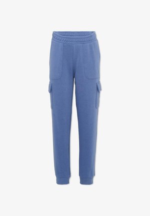 Pantaloni da jogging blu con vita elastica, tasche frontali applicate, tasche laterali con patta e polsini a coste su sfondo bianco.