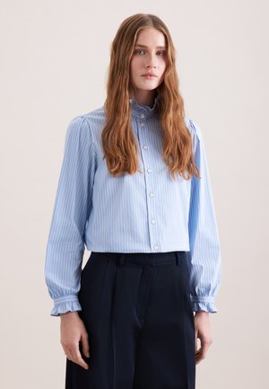 Vrouw met lang golvend haar, gekleed in een lichtblauw blouse met verticale strepen, een gerimpelde kraag en manchetten, gecombineerd met zwarte, hooggeremde broek.