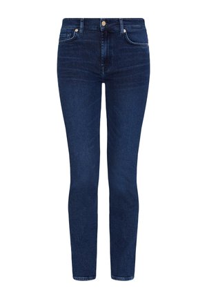 Skinny jeans van donkerblauwe denim, met een hoge taille, vijf zakken, en minimale vervaging met een gladde textuur.