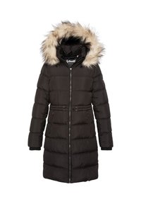 Zwarte pufferjas met een afneembare nepbontkap, ritssluiting aan de voorkant en twee zakken met rits; voorzien van geribbelde manchetten en een doorgestikt ontwerp.