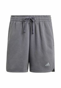 Pantaloni sportivi grigi realizzati in tessuto morbido, dotati di una vita elastica con cordino, tasche laterali e un piccolo logo decorativo.