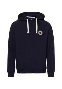 Granatowy sweatshirt z kapturem, z jasnoszarymi sznurkami i okrągłą naszywką z logo na piersi. Ściągacze przy mankietach i u dołu. Materiał z bawełny.