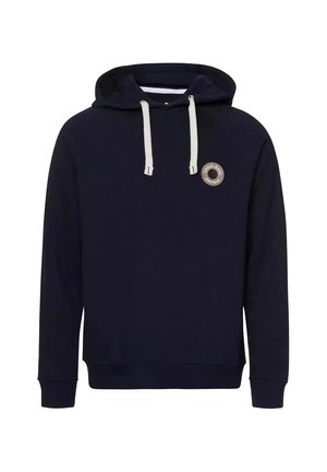 Granatowy sweatshirt z kapturem, z jasnoszarymi sznurkami i okrągłą naszywką z logo na piersi. Ściągacze przy mankietach i u dołu. Materiał z bawełny.