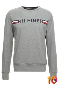 Sudadera gris hecha de una mezcla de algodón. Presenta la inscripción "HILFIGER" en negro con franjas rojas y blancas. Cuello redondo y puños de canalé.