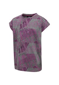 Grå T-shirt med korte ærmer, prydet med et lilla spiral mønster og tekstelementer. Blødt stof med en afslappet pasform og rund halsudskæring.
