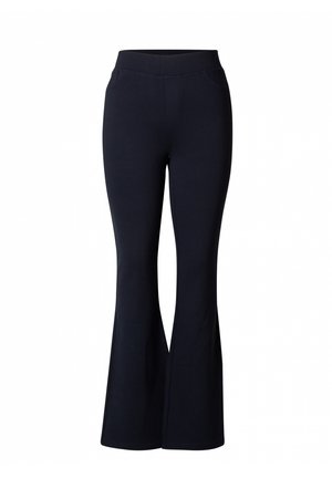 Navy flared trousers van een rekbare stof met een gladde textuur, voorzien van een hoge taille en twee voorkruiszakken voor extra functionaliteit.