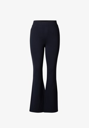 Navy flared trousers van een rekbare stof met een gladde textuur, voorzien van een hoge taille en twee voorkruiszakken voor extra functionaliteit.