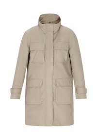 Bézs parka kabát magasított gallérral, két nagy első zsebbel és állítható mandzsettákkal. Simább textúrájú, minimalista kialakítású.