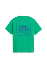 T-shirt en coton vert à manches courtes. Le dos présente un graphisme bleu représentant des vagues et le soleil avec le texte "VANS" et "BUILT FOR THE BEACH" en dessous.