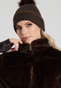 Brun pälsjacka med hög krage och guldzipper; bärs med en ribbad brun mössa med pom-pom och dekorativ guldtråd.