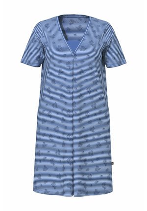 Vestido de manga corta en rayas azules y blancas con patrones florales. Presenta un diseño de escote en V y un corte relajado. Textura de tela suave.