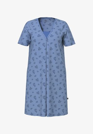 Vestido de manga corta en rayas azules y blancas con patrones florales. Presenta un diseño de escote en V y un corte relajado. Textura de tela suave.