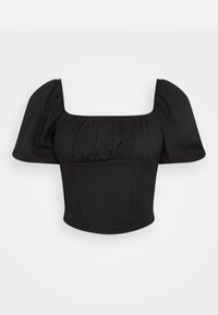 Svart crop top med fyrkantig halsringning, korta puffärmar och ett figurnära liv med en strukturerad yta. Sömdetalj vid midjan.