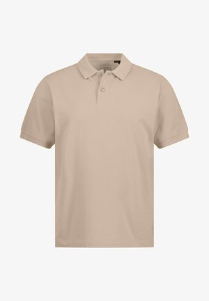 Beige Poloshirt aus Baumwolle mit klassischem Kragen, Dreiknopf-Leiste, kurzen Ärmeln und einer sauberen, glatten Textur.
