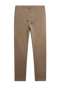 Brązowe spodnie z ściągaczem i zwężanym krojem, wykonane z miękkiego materiału. Posiadają boczne kieszenie i subtelne detale szwów.
