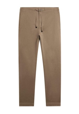Bruna byxorna med dragsko, med en avsmalnande design, tillverkade av mjukt tyg. Har sidofickor och subtila sömnadsdetaljer.