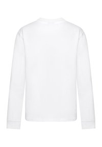 Long-sleeve white T-shirt made from cotton. Features a round neckline, straight cut, and ribbed cuffs. Smooth texture, no graphics or patterns.