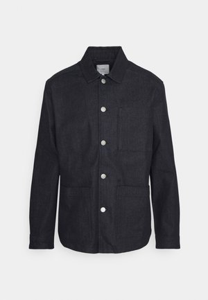 Schwarze, langärmelige Jacke mit Knopfleiste, drei Fronttaschen und silberfarbenen Knöpfen, mit klassischem Kragen und geradem Saum.