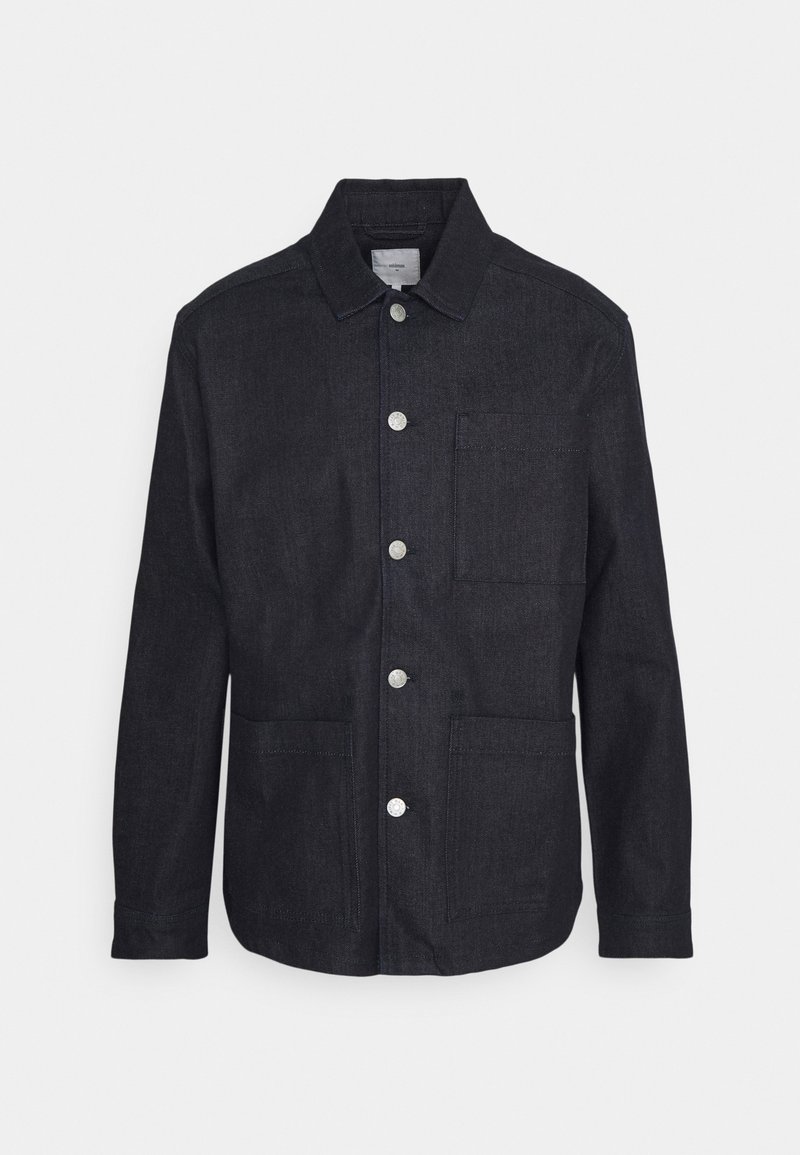 Schwarze, langärmelige Jacke mit Knopfleiste, drei Fronttaschen und silberfarbenen Knöpfen, mit klassischem Kragen und geradem Saum.