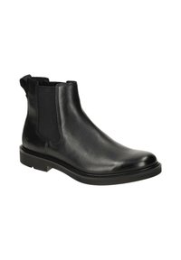 Svarta läder Chelsea-boots med elastiska sidopaneler, en slät yta, rund tå och en texturerad svart gummisula.