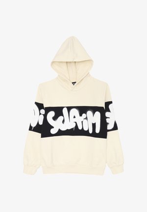 Felpa color crema con una fascia nera sul petto e sulle maniche, caratterizzata da grandi testi in stile graffiti bianchi.