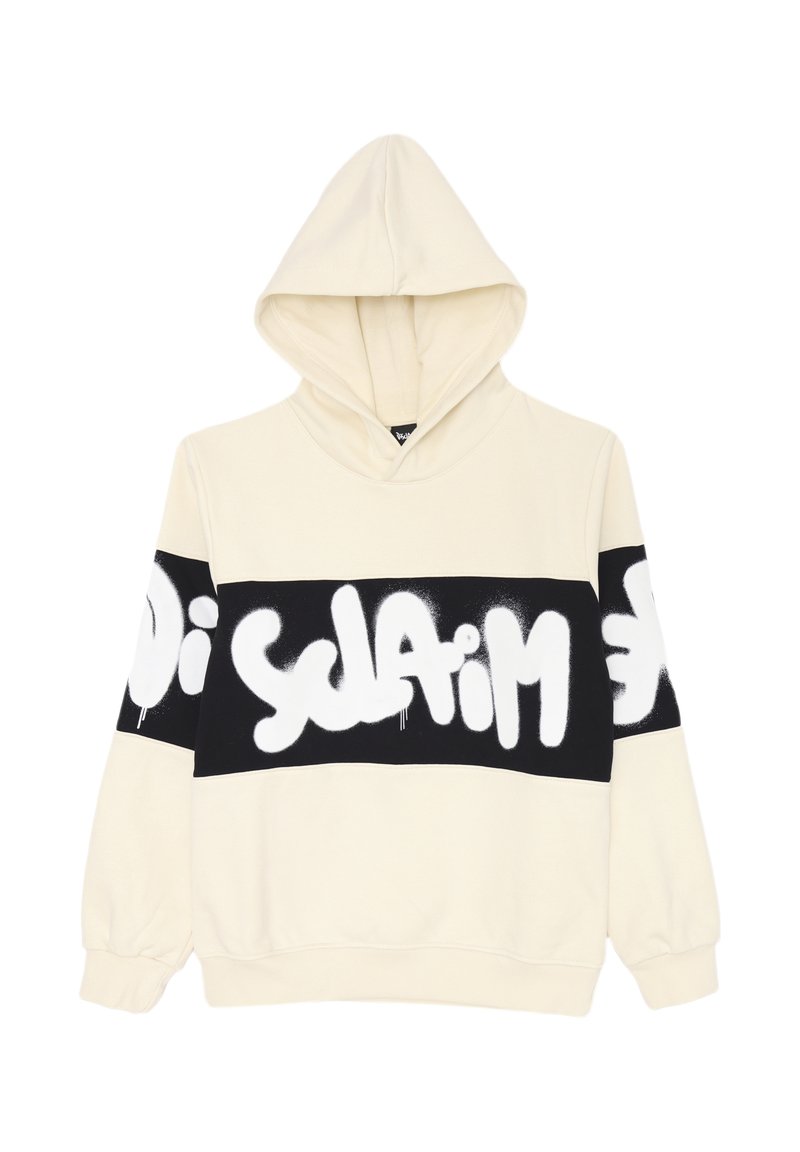 Felpa color crema con una fascia nera sul petto e sulle maniche, caratterizzata da grandi testi in stile graffiti bianchi.