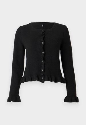 Cardigan noir à manches longues avec boutons, orné de volants le long de l'avant, de l'ourlet et des poignets sur un fond uni.