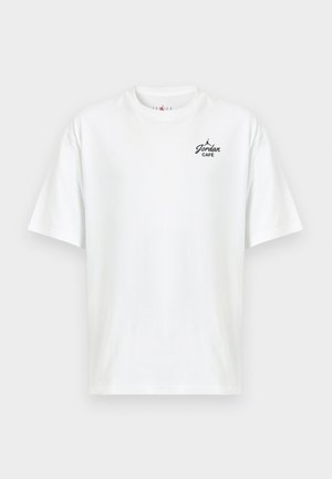 Fehér pamut rövid ujjú póló, bal mellrészen fekete "Jordan Café" logóval és klasszikus kerek nyakkivágással.