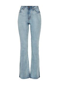 Ljusblå denim jeans med vida ben och hög midja, fyra fickor och subtil blekning. Har knappstängning och bälteshällor i midjebandet.