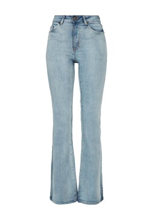 Lys blå denim flared jeans med høj talje, fire lommer og subtil falming. Har en knaplukning og bæltesløjfer på livlinjen.