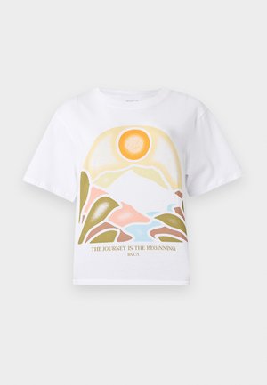 White short-sleeve T-shirt with a colorful mountain and sun graphic and text "The journey is the beginning RVCA" on front.