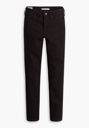 Black denim jeans with a slim fit, featuring a button closure, five pockets, and subtle stitching details. Smooth texture with a classic design.